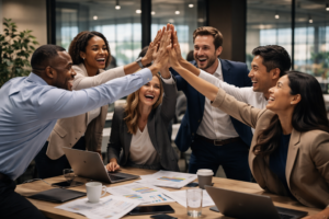 Eine bunt gemischte Gruppe von sechs Geschäftsleuten lächelt und gibt sich an einem mit Laptops, Papieren und Kaffeetassen bedeckten Konferenztisch in einem modernen Büro ein High Five.