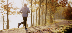 Eine Person joggt einen sonnenbeschienenen Waldweg entlang, der von herbstlichen Bäumen gesäumt ist, goldene Blätter bedecken den Boden und das Sonnenlicht fällt durch die Äste.